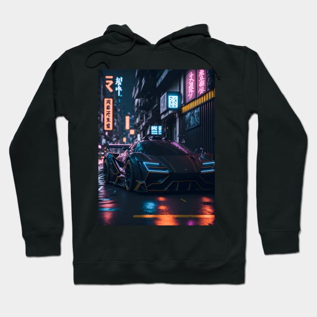 Dark Sports Car in Japanese Neon City Hoodie by star trek fanart and more